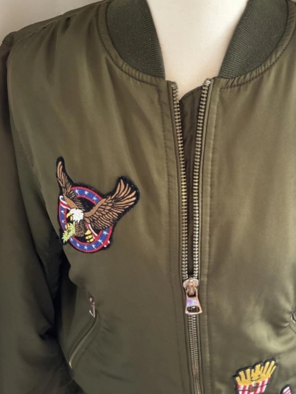 Topshop Olive Green Patch Bomber Jacket US 6 Eagle USA Flag MA-1